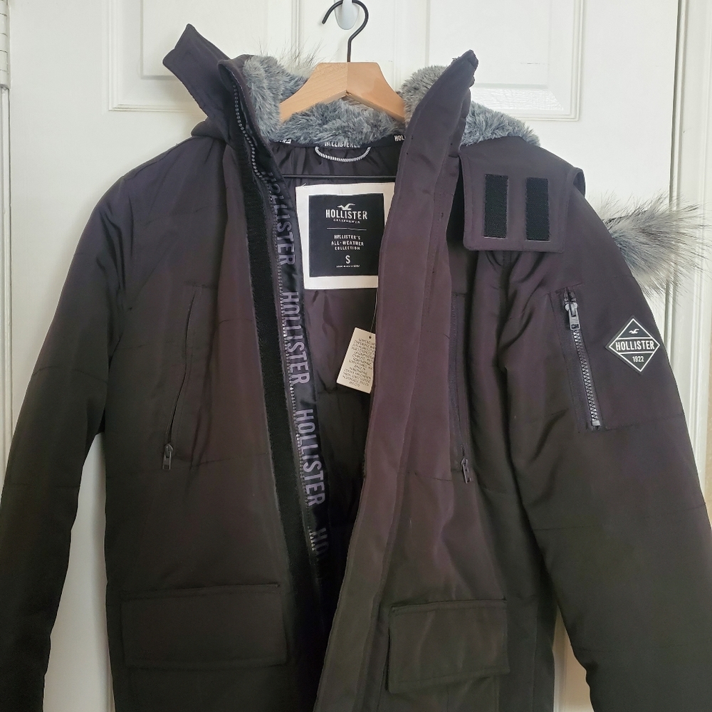 Hollister parka sherpa fur black grey size small